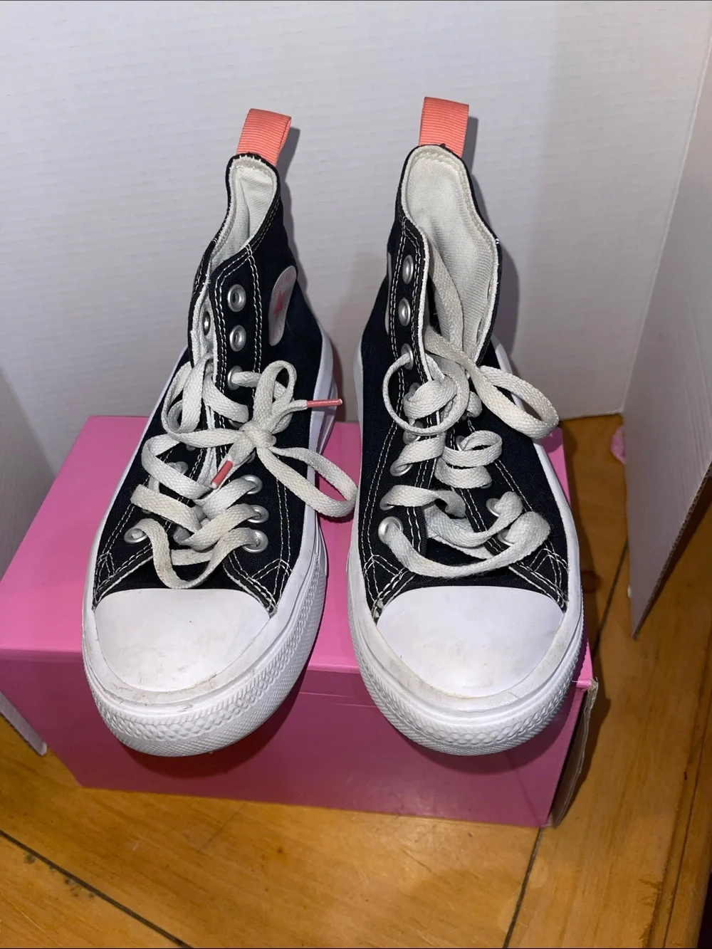 Converse Black High Top Platform Sneakers with Pink Heel Tab